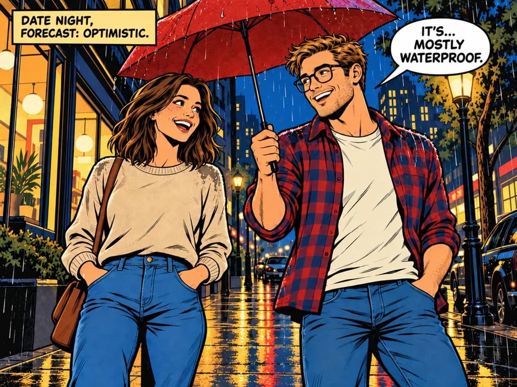 Example: a comic panel of a couple in the rain